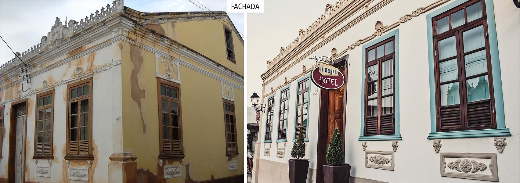 A fachada antes e depois da restauração